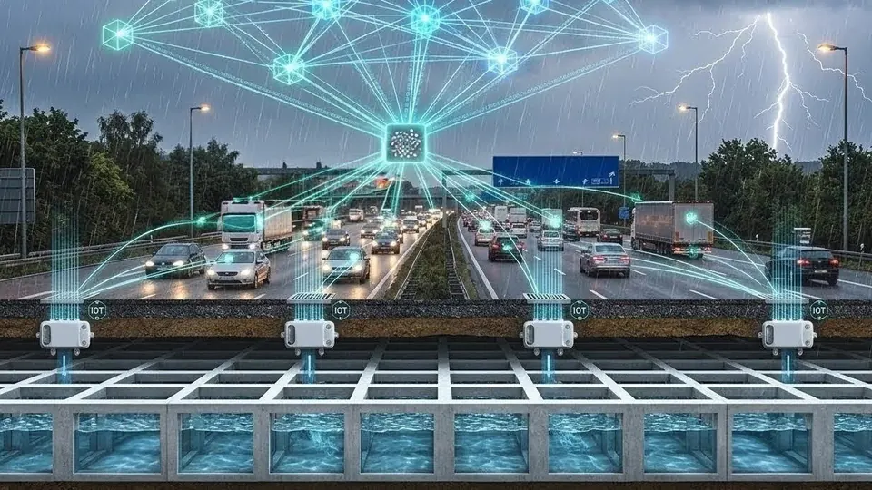 Visualisierung: vernetzte Sensoren unter einer Autobahn