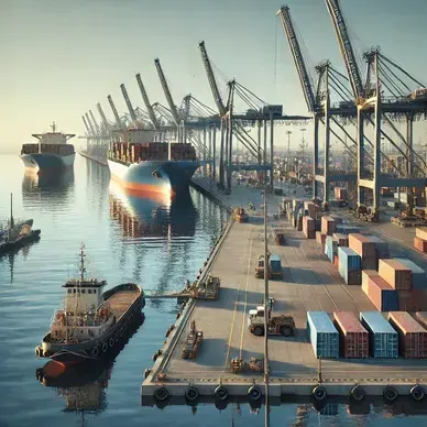 Containerterminal mit Schiffen und Kränen