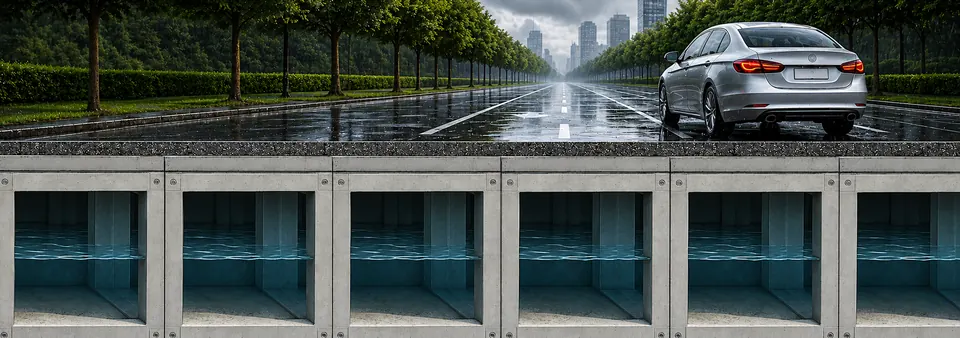 Schnitt durch eine Straße: Unter der Fahrbahn liegt eine Reihe begehbarer JUMBO BLOCK Betonmodule, die Regenwasser speichern.