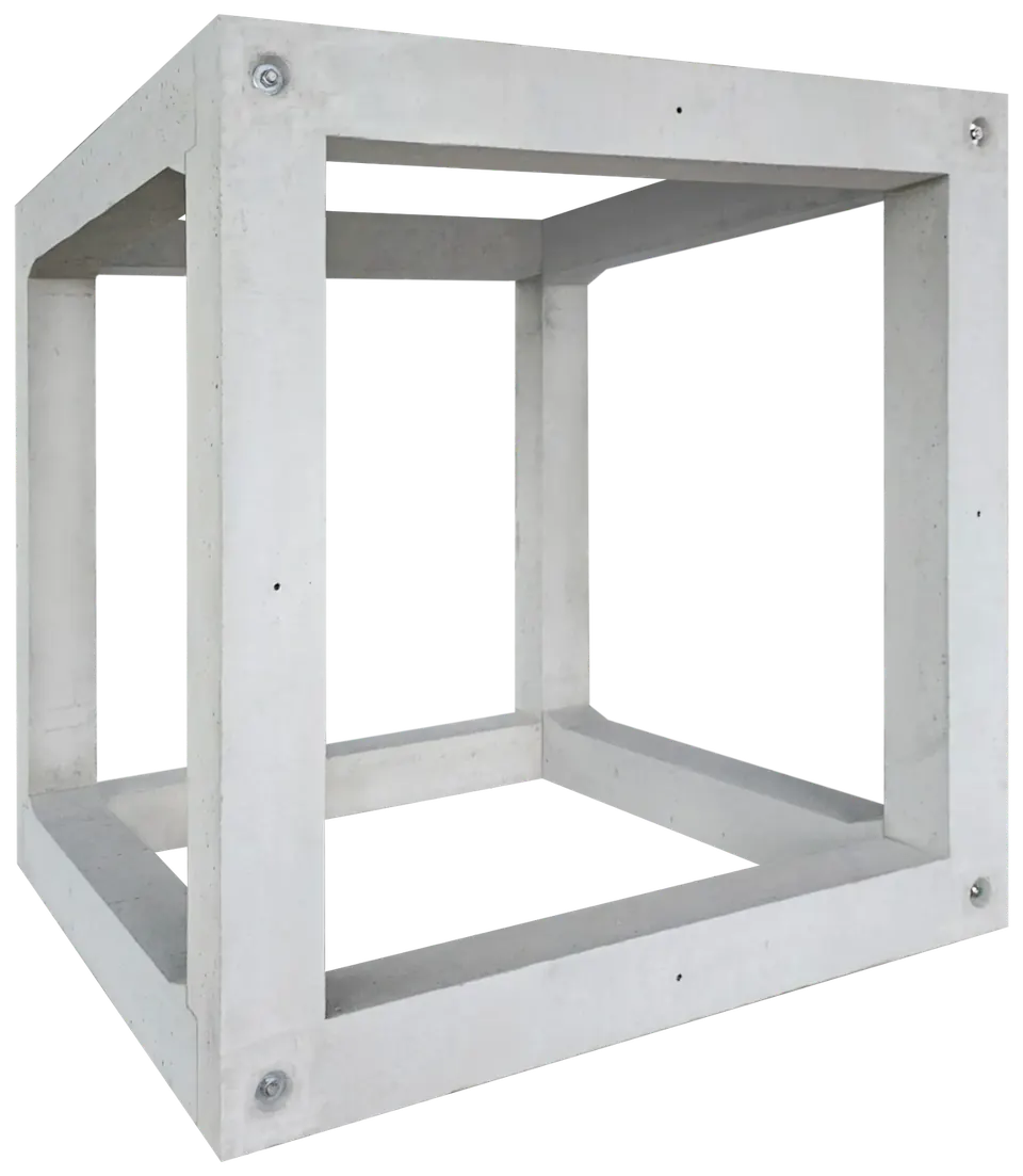 Ein einzelnes JUMBO BLOCK Modul: offener Betonwürfel aus zwölf Balken
