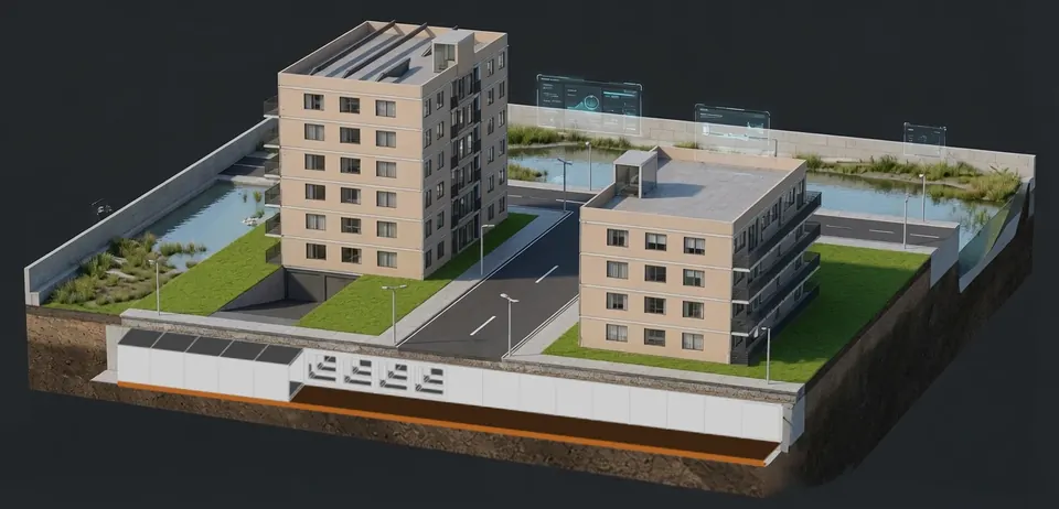 Visualisierung: Stadtquartier mit JUMBO BLOCK Speicher unter Gebäuden und Grünflächen