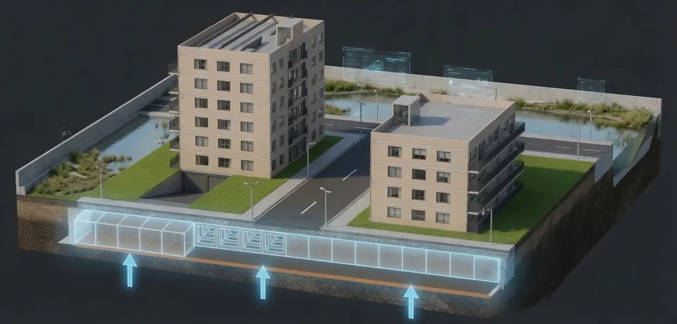 Visualisierung: Wasserspeicher unter einem Stadtquartier als Klima- und Wasserreserve